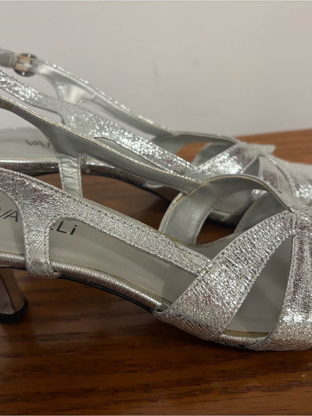 Vaneli Silver Crisscross Slingback Heels